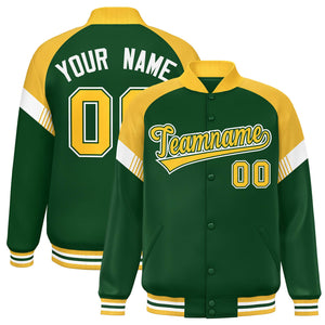 Custom Green Gold-White Varsity Full-Snap Color Block Letterman Jacket