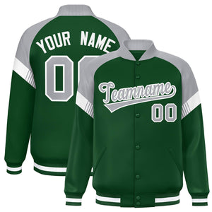 Custom Green Gray-White Varsity Full-Snap Color Block Letterman Jacket