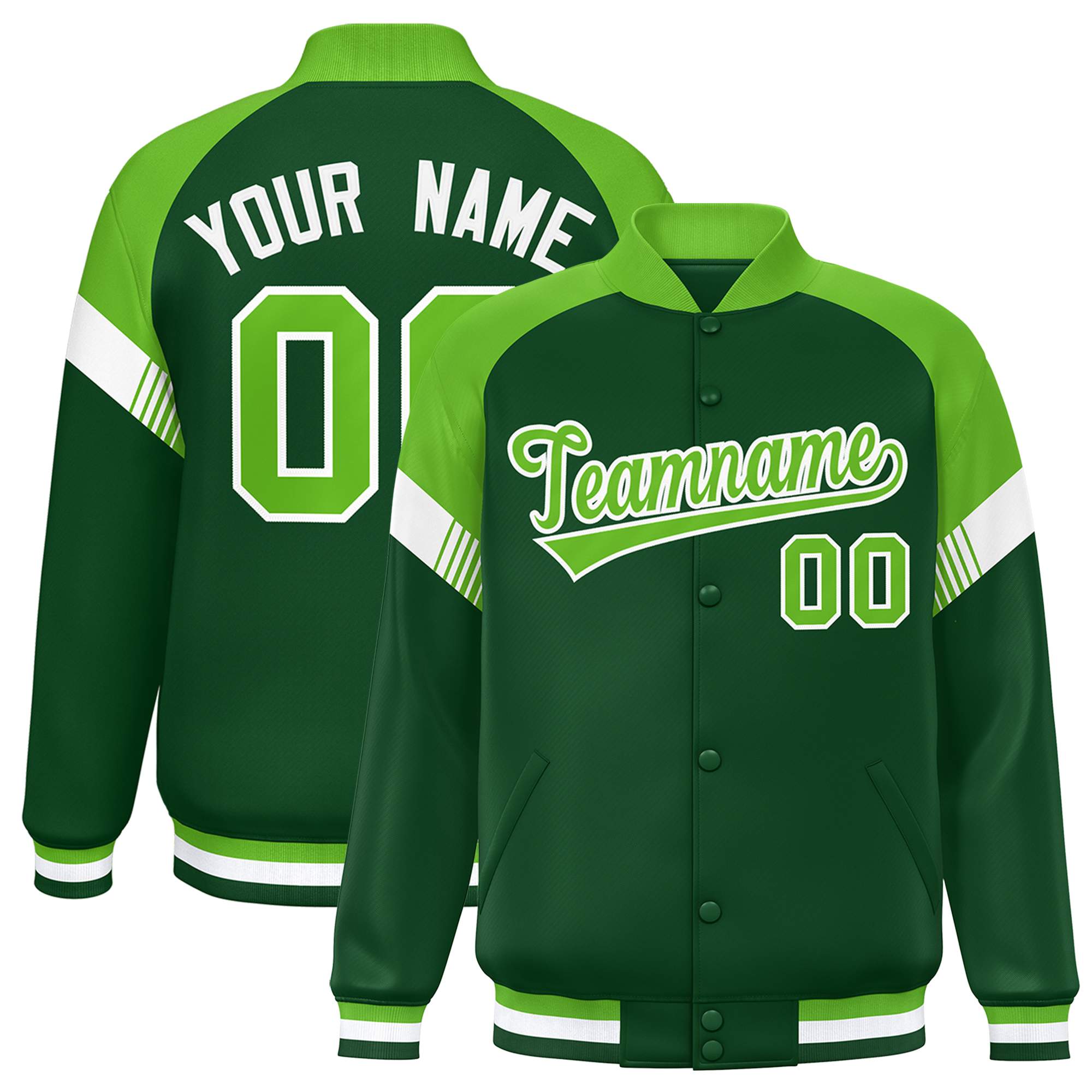 Custom Green Neon Green-White Varsity Full-Snap Color Block Letterman Jacket