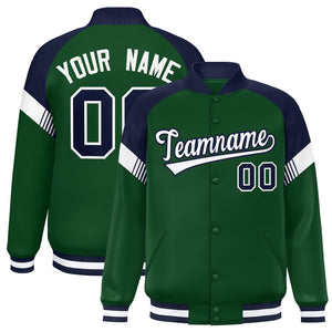 Custom Green Navy-White Varsity Full-Snap Color Block Letterman Jacket