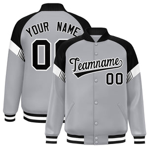 Custom Gray Black-White Varsity Full-Snap Color Block Letterman Jacket