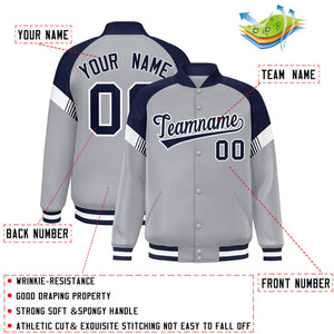 Custom Gray Navy-White Varsity Full-Snap Color Block Letterman Jacket