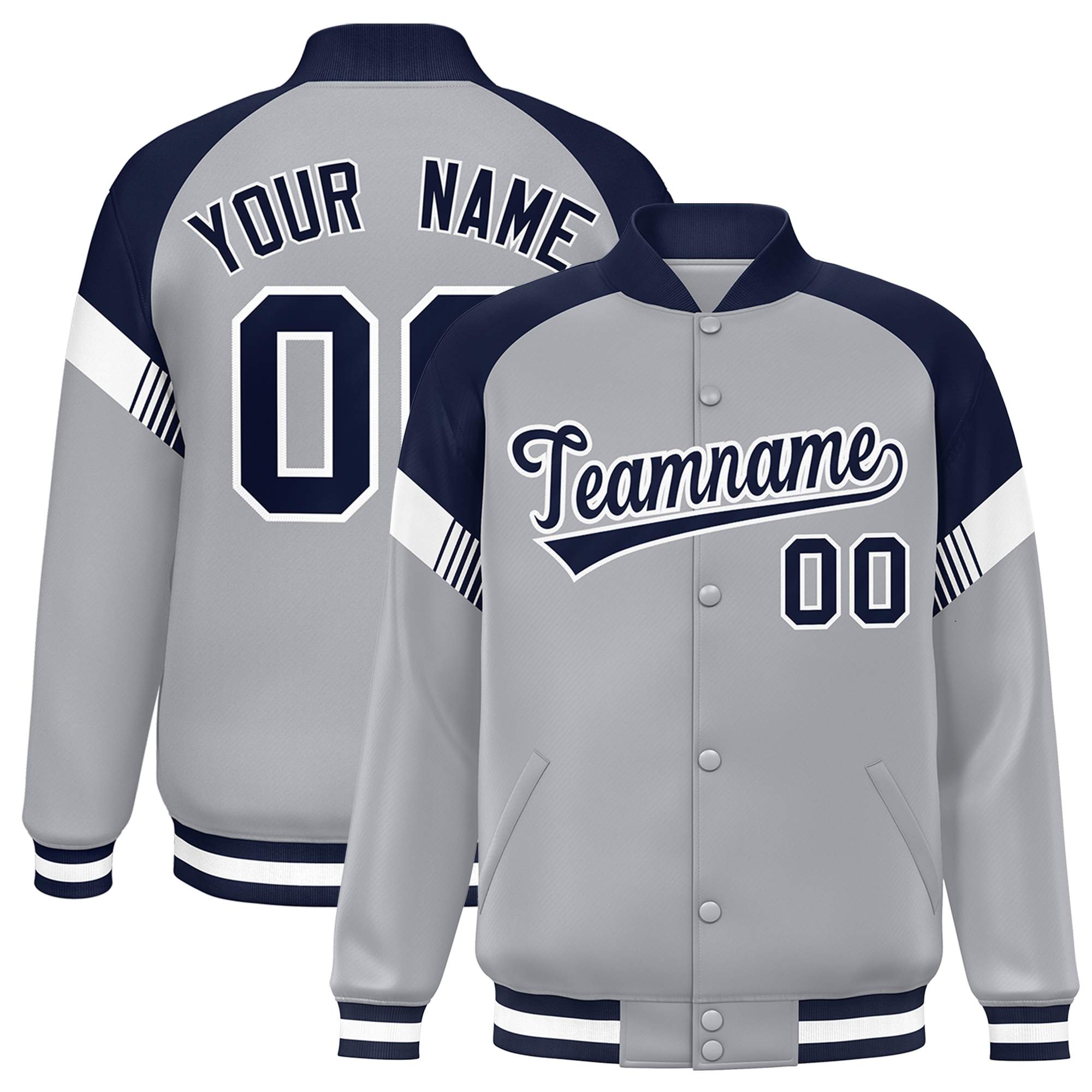 Custom Gray Navy-White Varsity Full-Snap Color Block Letterman Jacket