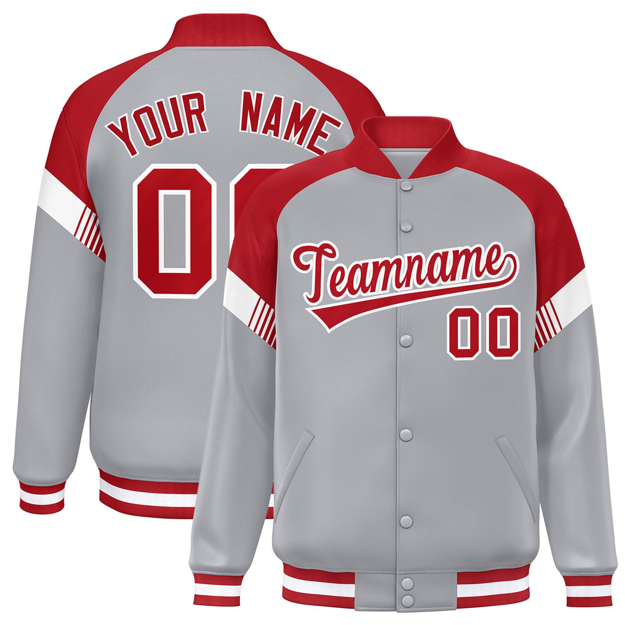 Custom Gray Red-White Varsity Full-Snap Color Block Letterman Jacket