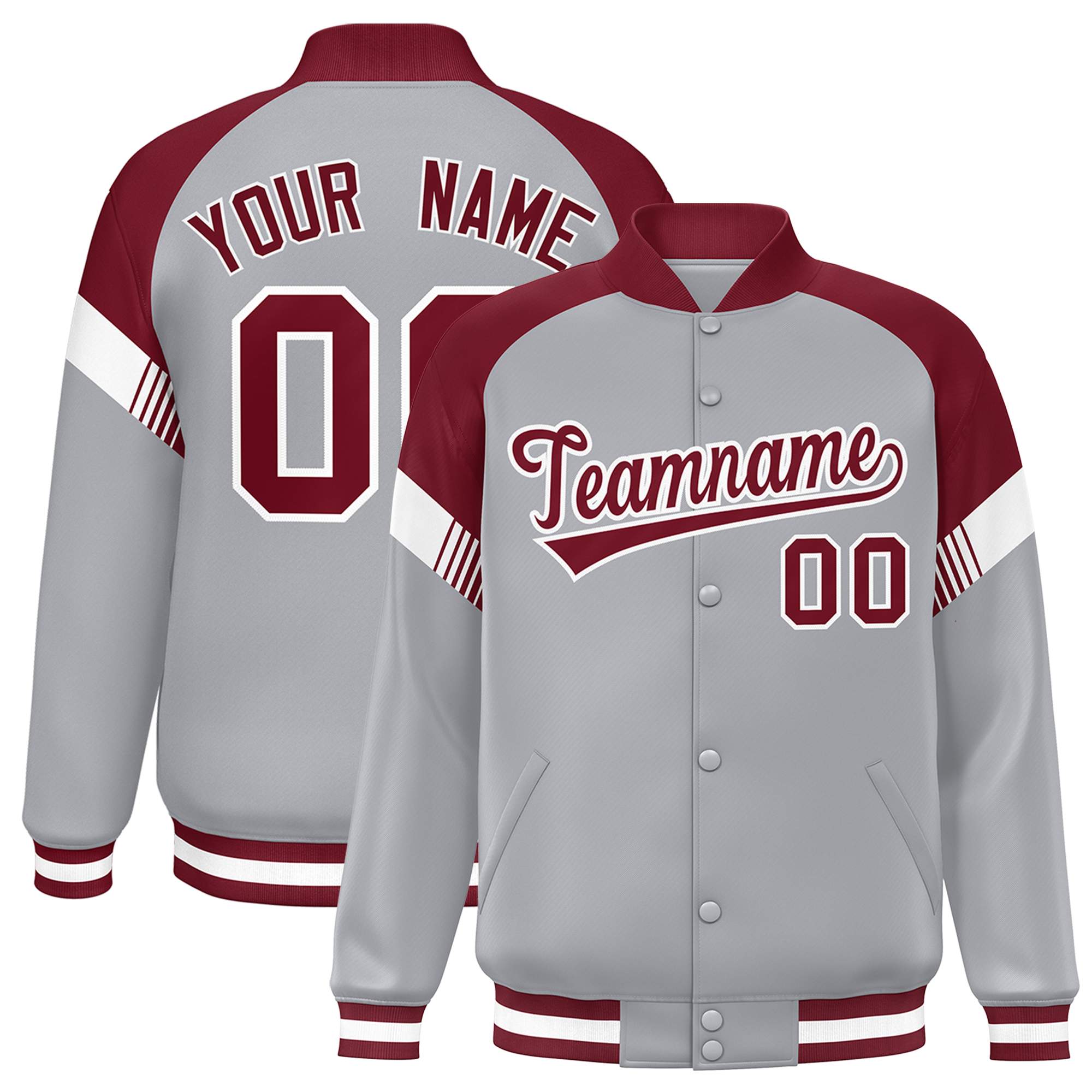 Custom Gray Crimson-White Varsity Full-Snap Color Block Letterman Jacket