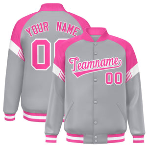 Custom Gray Pink-White Varsity Full-Snap Color Block Letterman Jacket