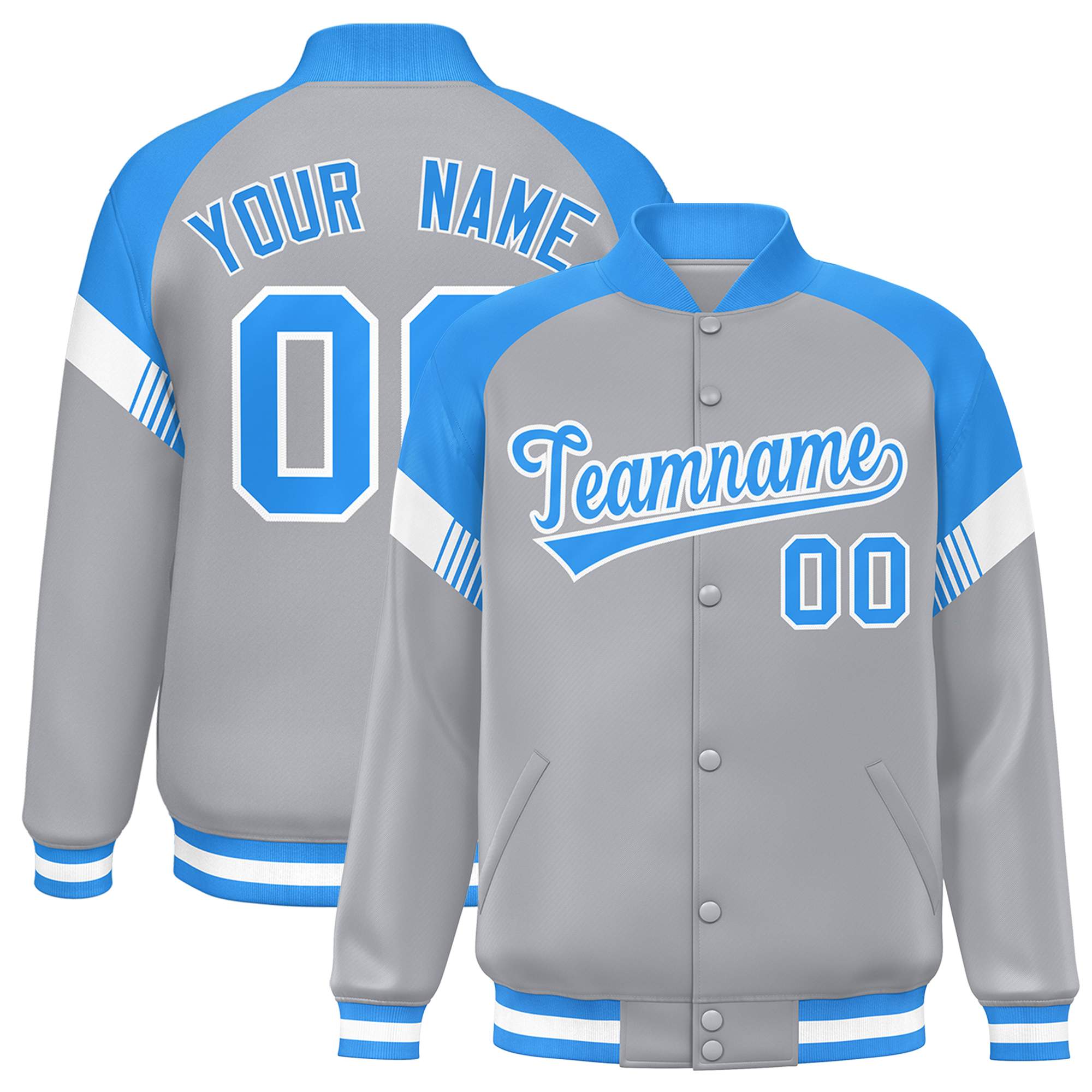 Custom Gray Powder Blue-White Varsity Full-Snap Color Block Letterman Jacket