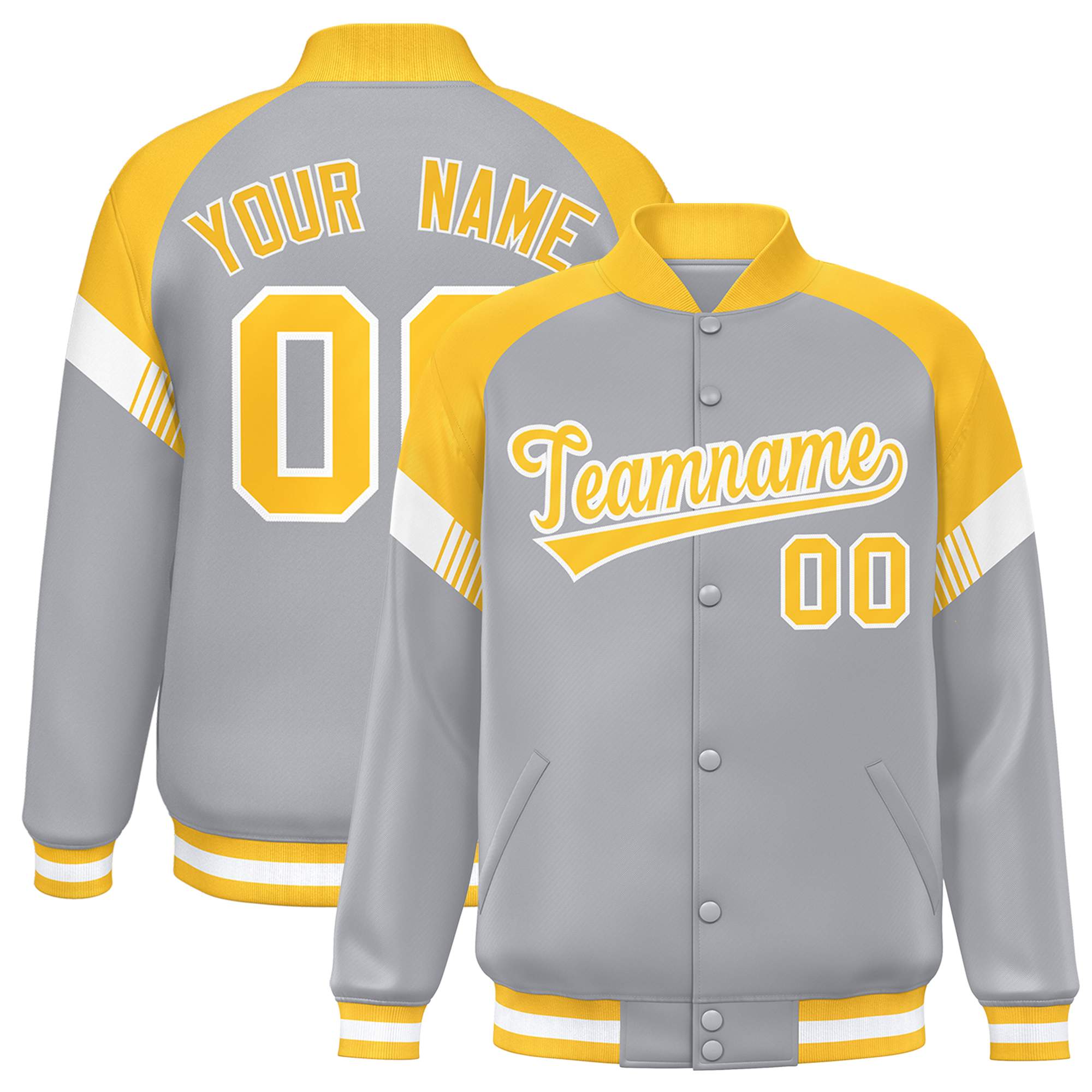 Custom Gray Gold-White Varsity Full-Snap Color Block Letterman Jacket