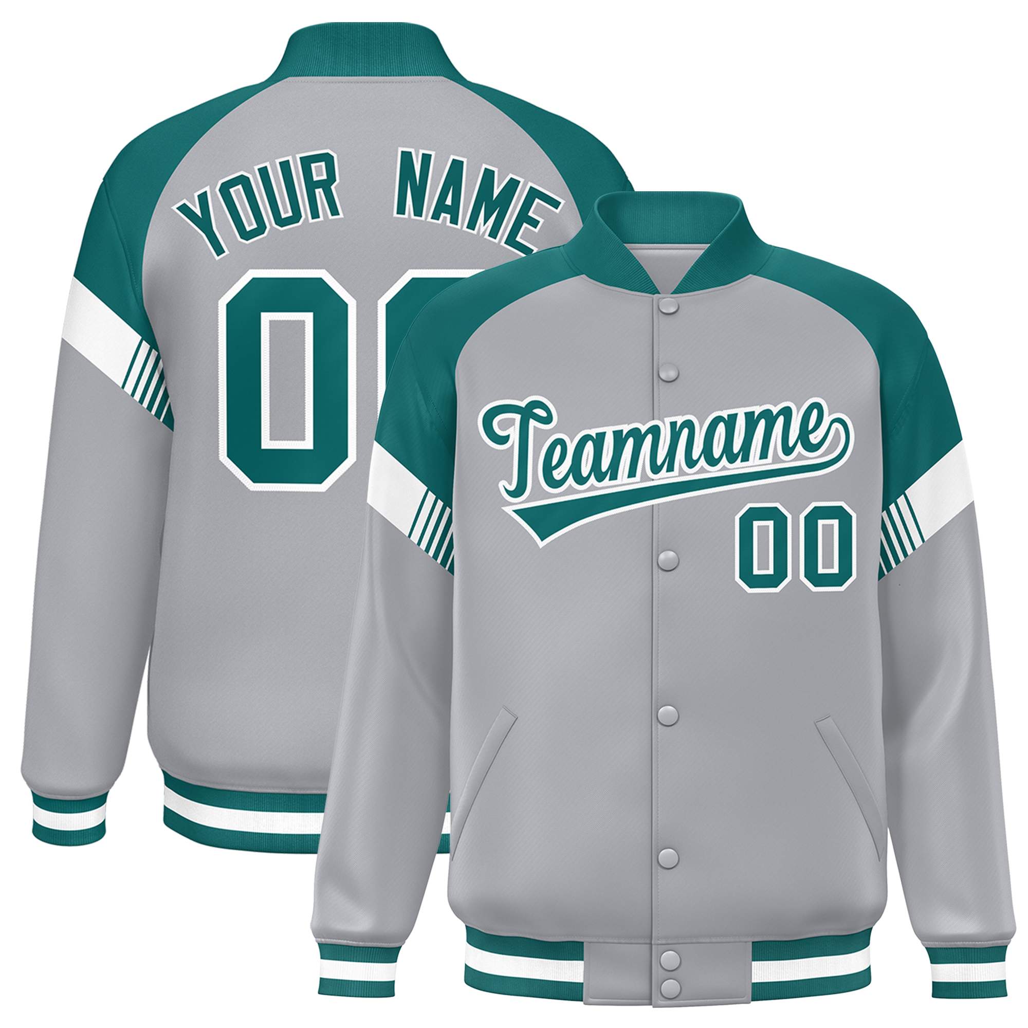 Custom Gray Aqua-White Varsity Full-Snap Color Block Letterman Jacket