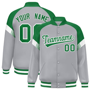 Custom Gray Kelly Green-White Varsity Full-Snap Color Block Letterman Jacket