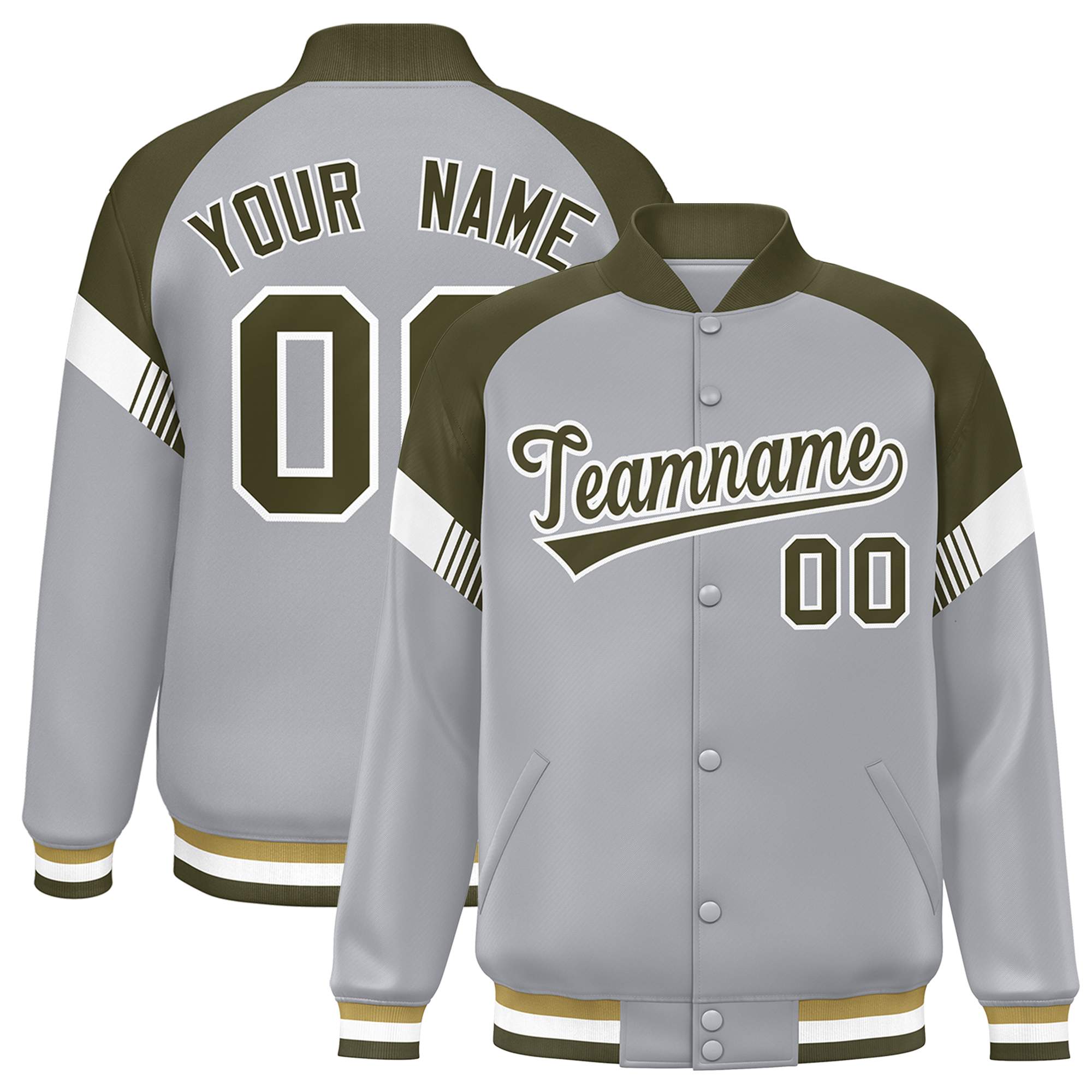 Custom Gray Olive-White Varsity Full-Snap Color Block Letterman Jacket