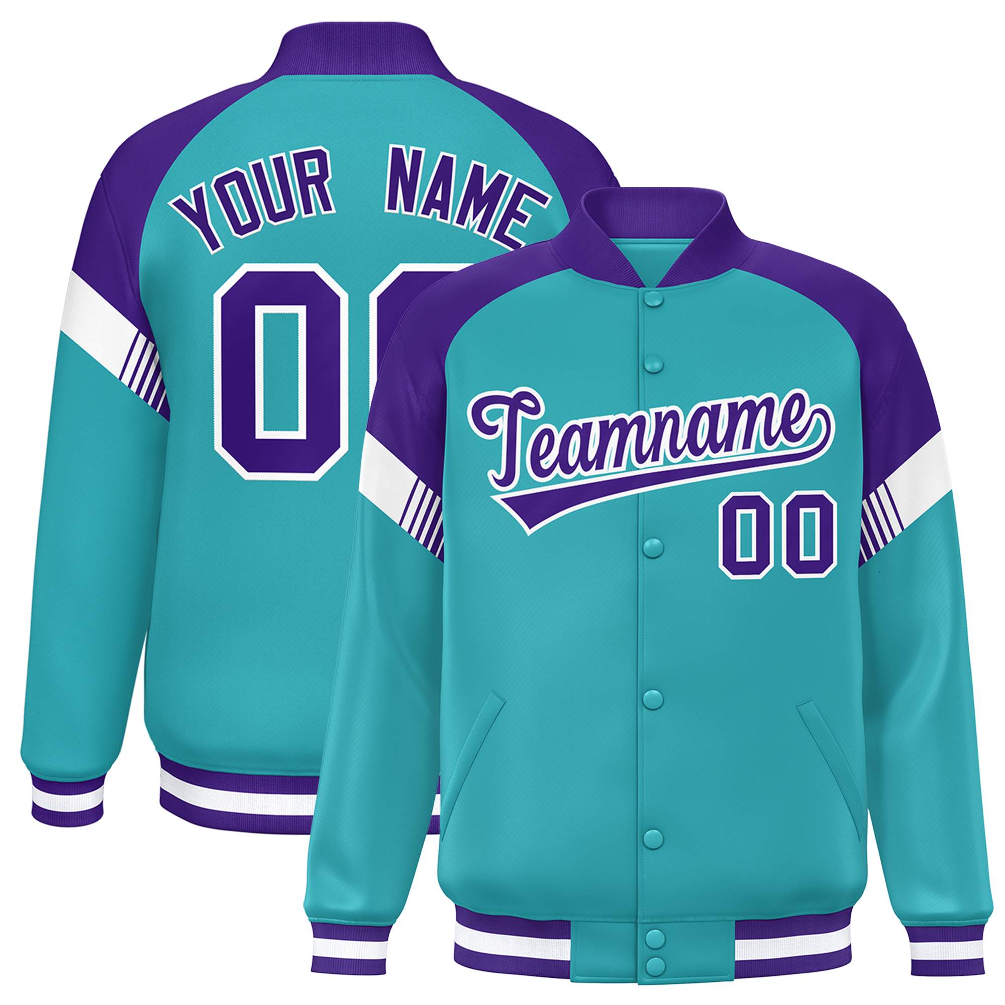 Custom Aqua Purple-White Varsity Full-Snap Color Block Letterman Jacket