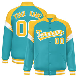 Custom Aqua Gold-White Varsity Full-Snap Color Block Letterman Jacket