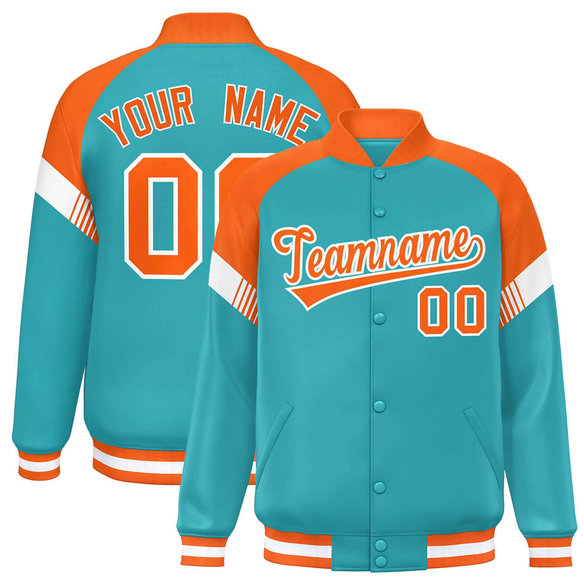 Custom Aqua Orange-White Varsity Full-Snap Color Block Letterman Jacket