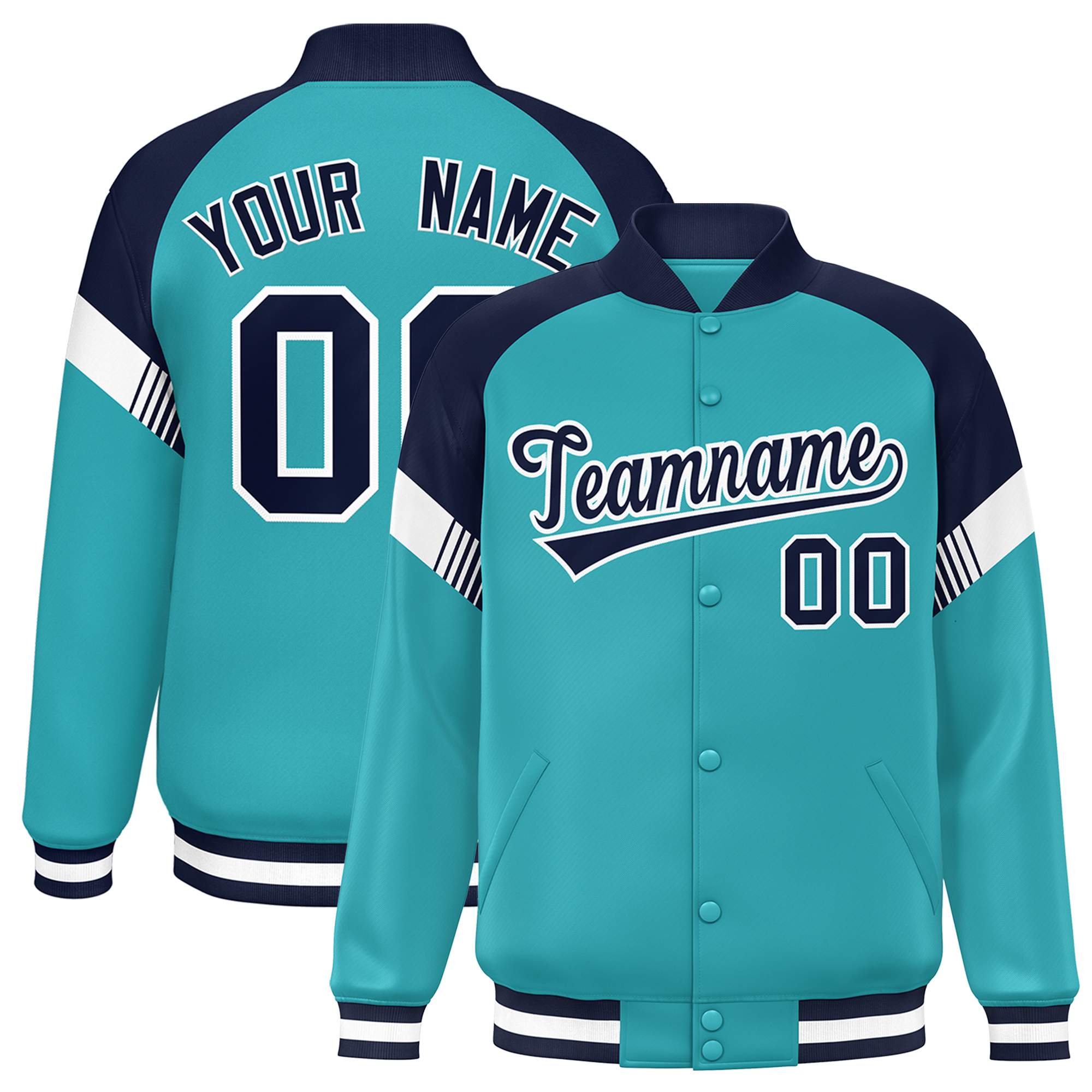 Custom Aqua Navy-White Varsity Full-Snap Color Block Letterman Jacket