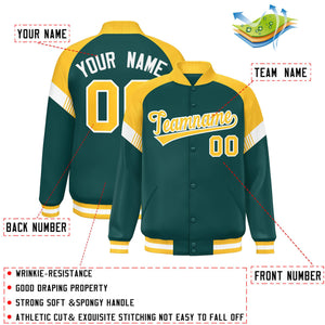 Custom Midnight Green Gold-White Varsity Full-Snap Color Block Letterman Jacket