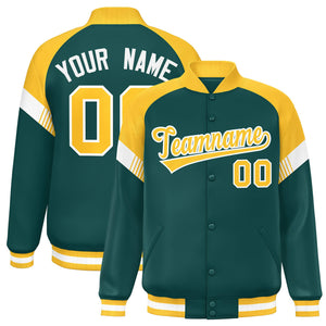 Custom Midnight Green Gold-White Varsity Full-Snap Color Block Letterman Jacket