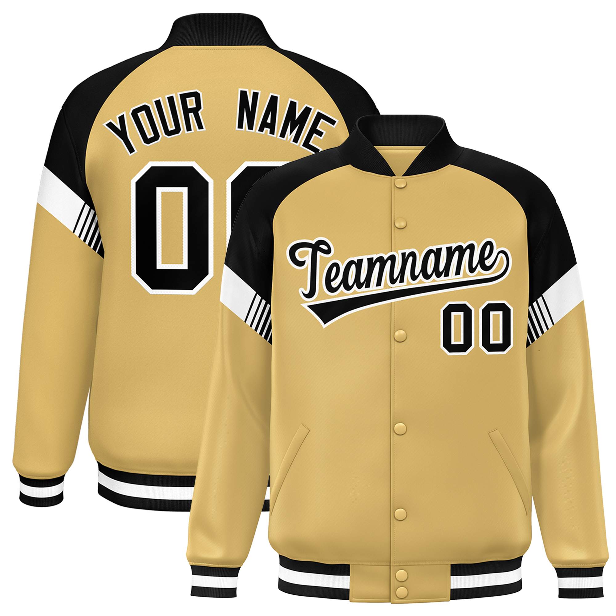 Custom Old Gold Black-White Varsity Full-Snap Color Block Letterman Jacket