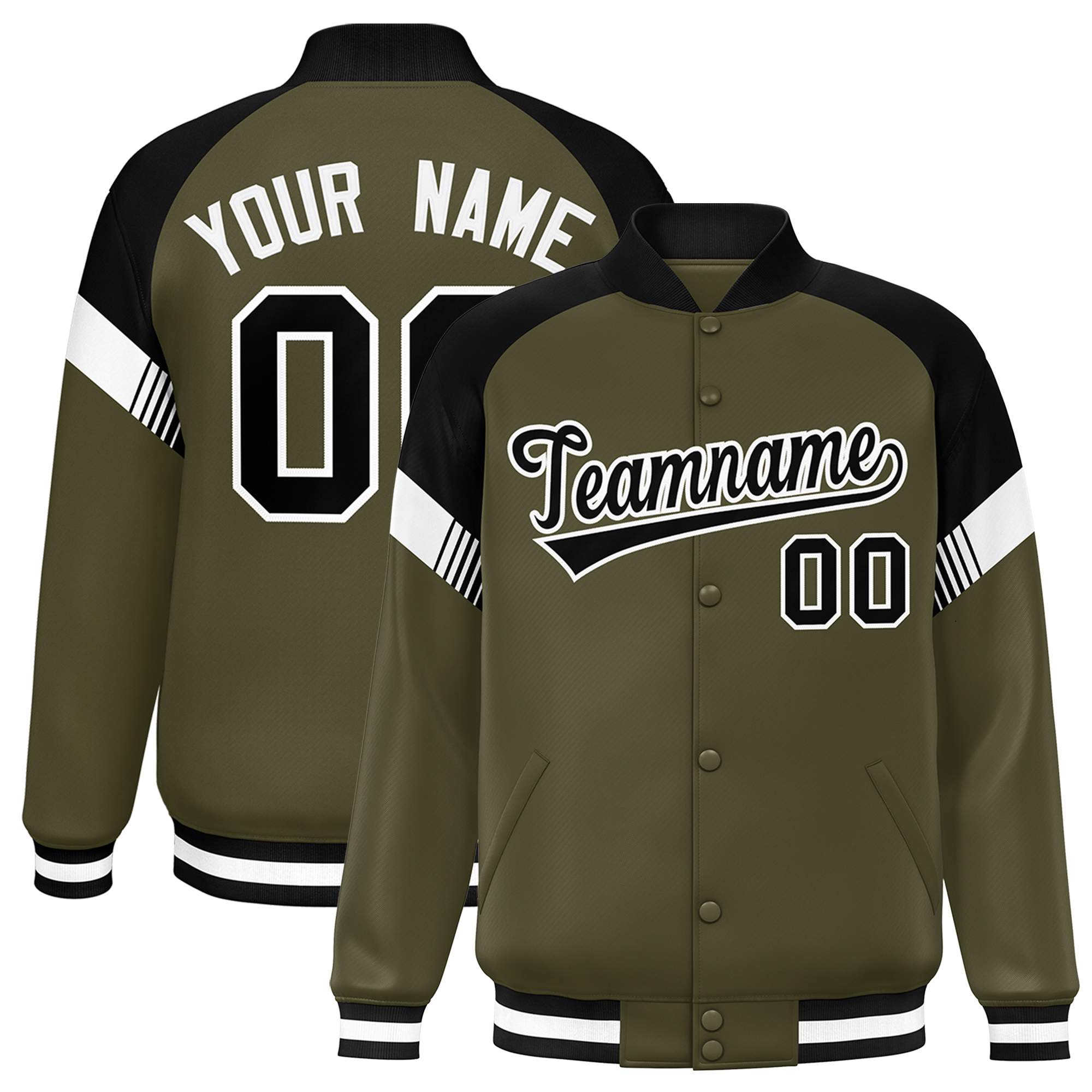 Custom Olive Black-White Varsity Full-Snap Color Block Letterman Jacket