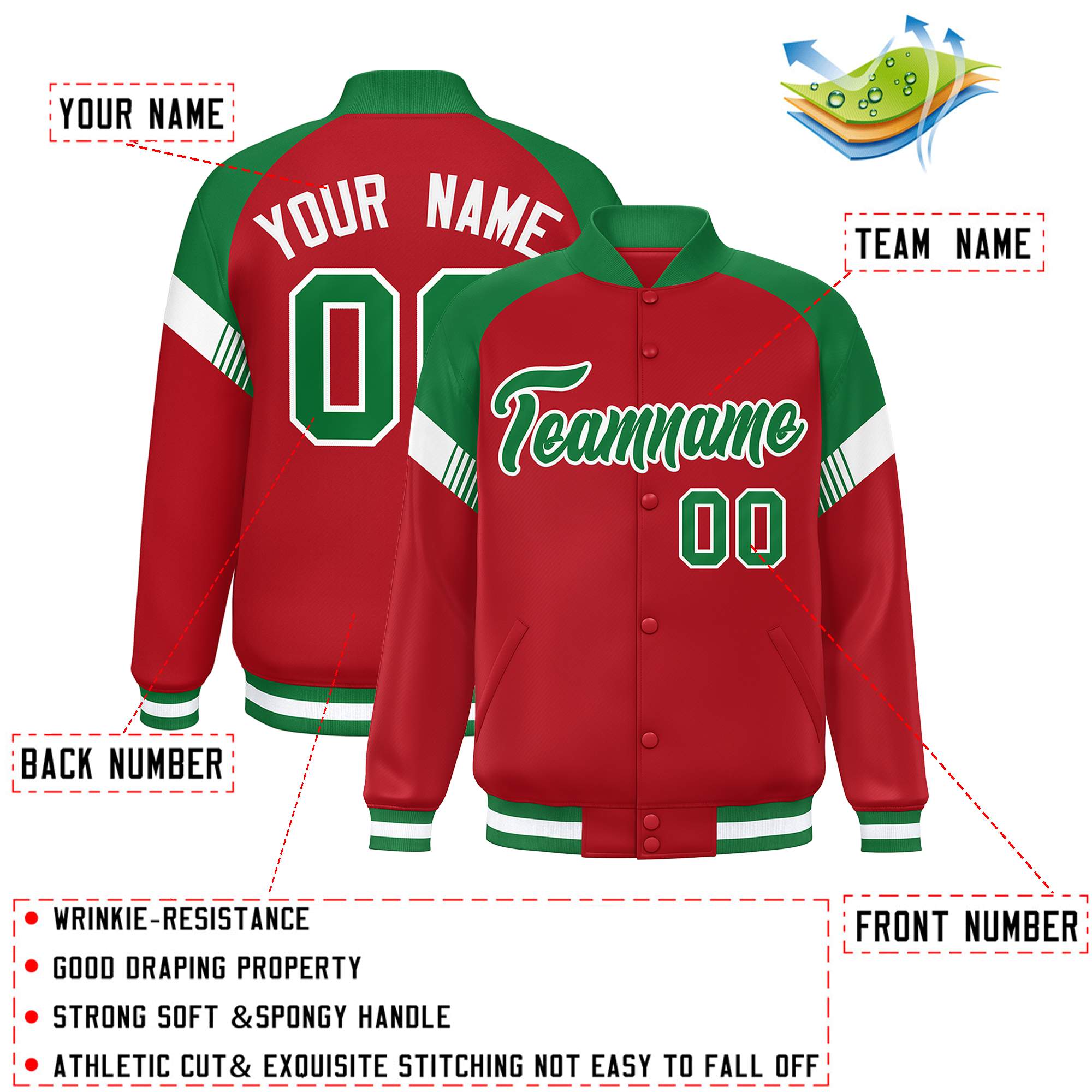 Custom Red Kelly Green-White Varsity Full-Snap Color Block Letterman Jacket