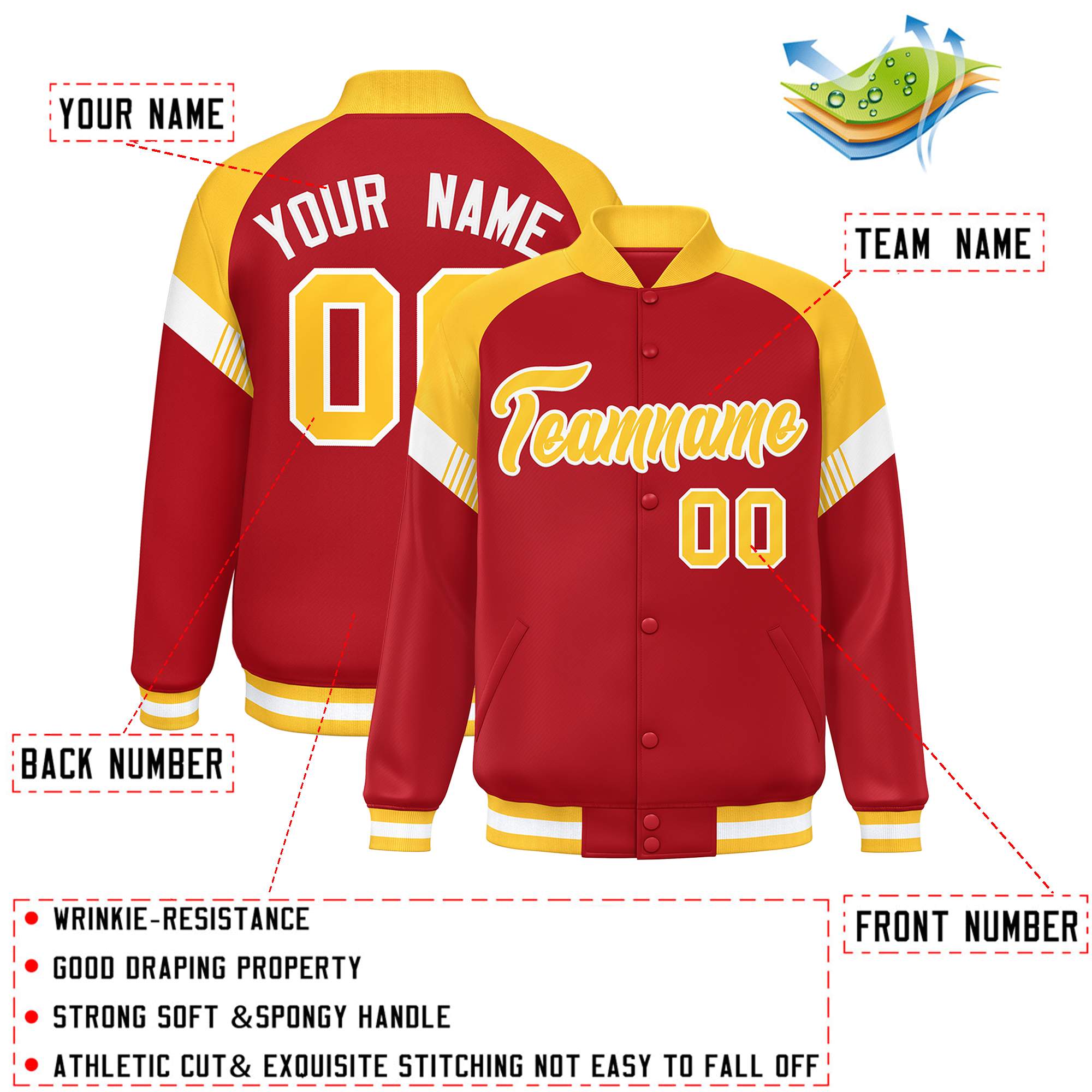 Custom Red Gold-White Varsity Full-Snap Color Block Letterman Jacket