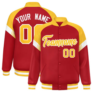 Custom Red Gold-White Varsity Full-Snap Color Block Letterman Jacket