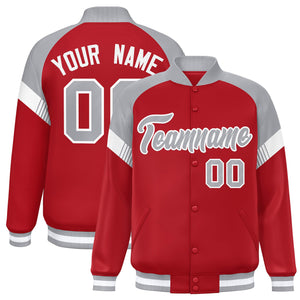 Custom Red Gray-White Varsity Full-Snap Color Block Letterman Jacket