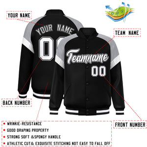 Custom Black Gray-White Varsity Full-Snap Color Block Letterman Jacket