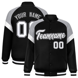 Custom Black Gray-White Varsity Full-Snap Color Block Letterman Jacket