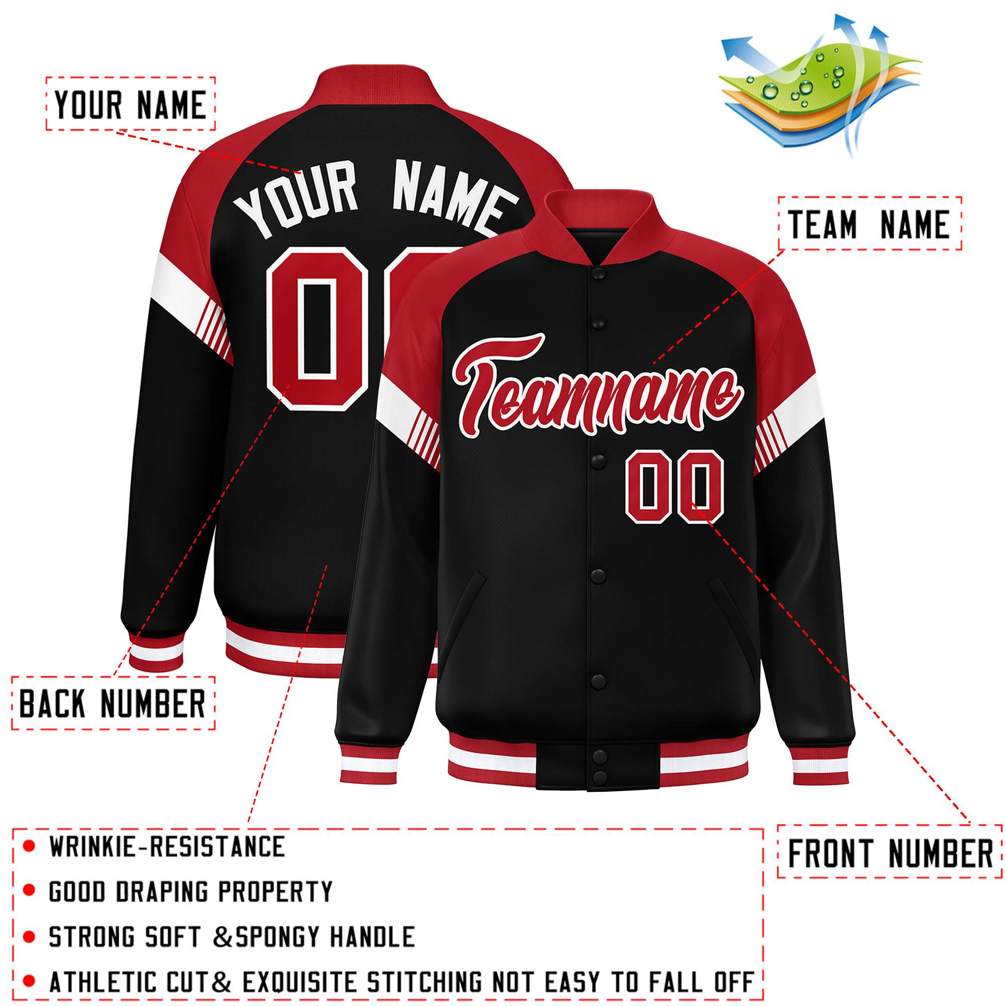 Custom Black Red-White Varsity Full-Snap Color Block Letterman Jacket