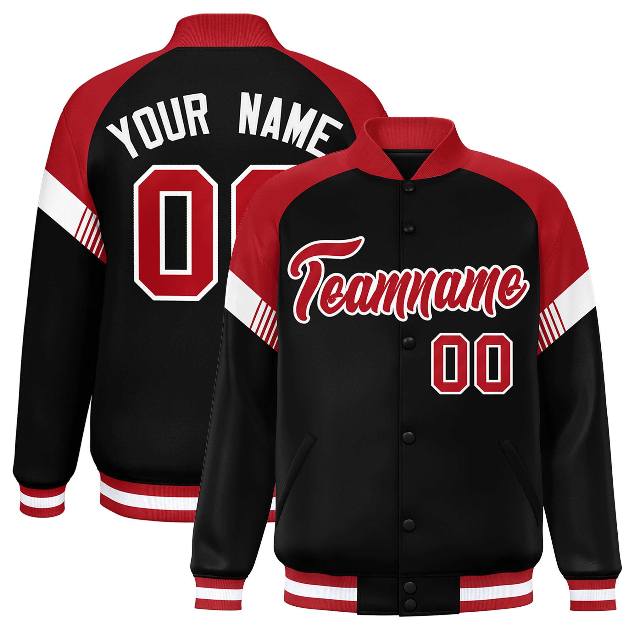 Custom Black Red-White Varsity Full-Snap Color Block Letterman Jacket