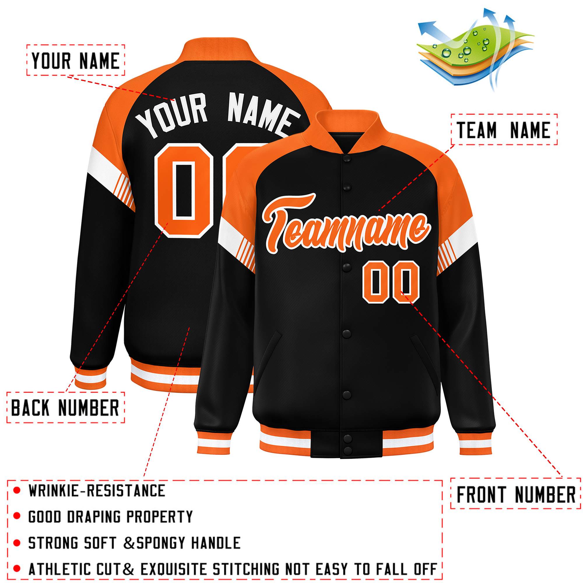 Custom Black Orange-White Varsity Full-Snap Color Block Letterman Jacket