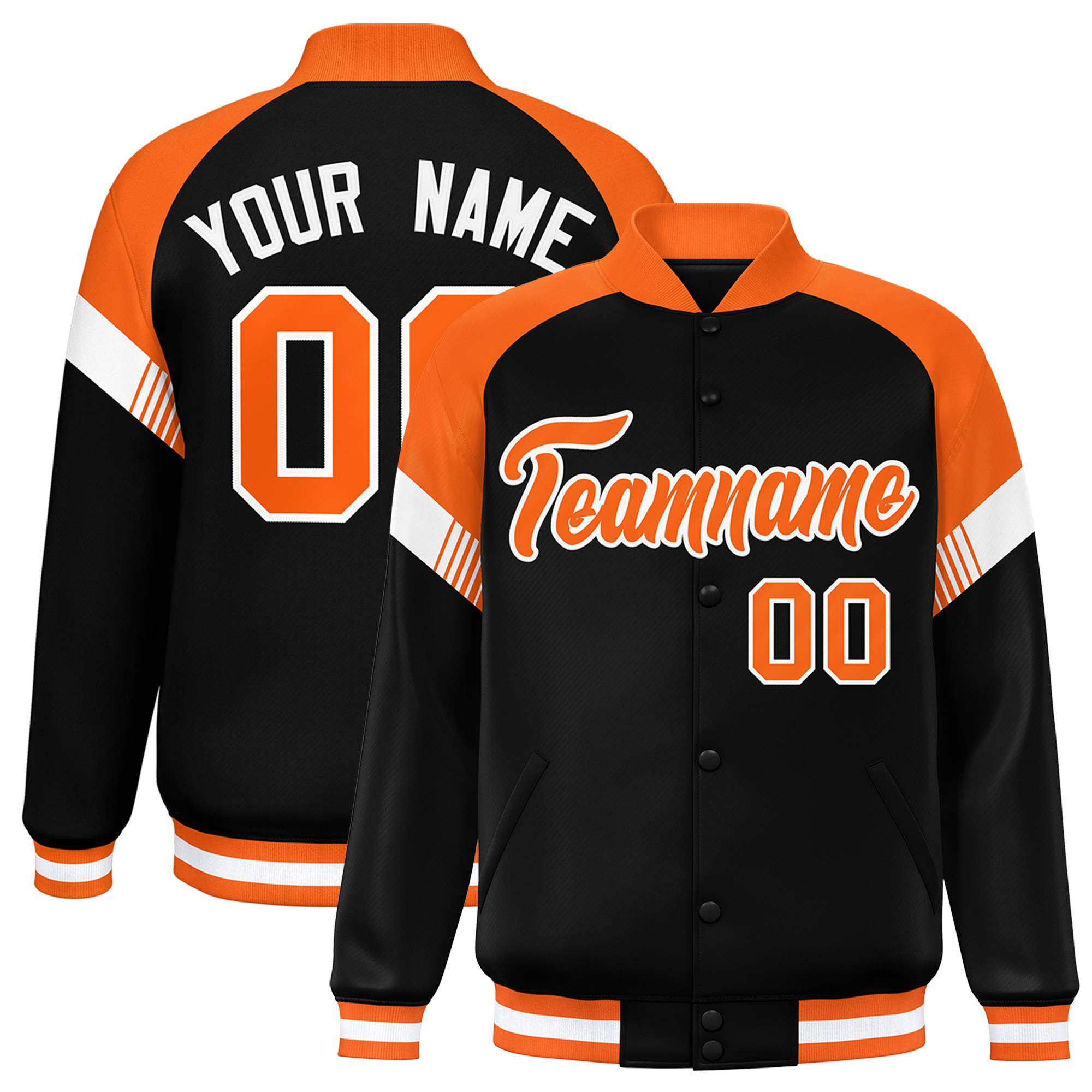 Custom Black Orange-White Varsity Full-Snap Color Block Letterman Jacket