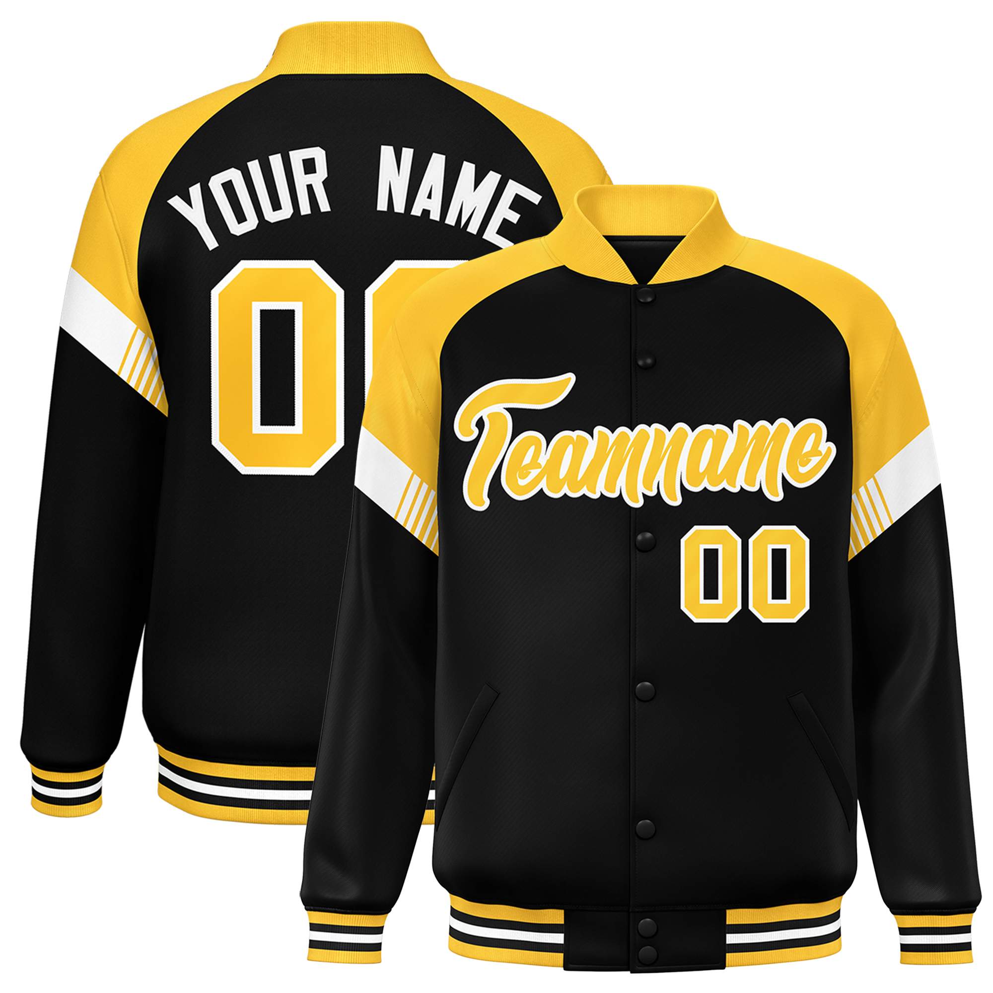 Custom Black Gold-White Varsity Full-Snap Color Block Letterman Jacket