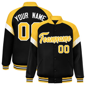 Custom Black Gold-White Varsity Full-Snap Color Block Letterman Jacket