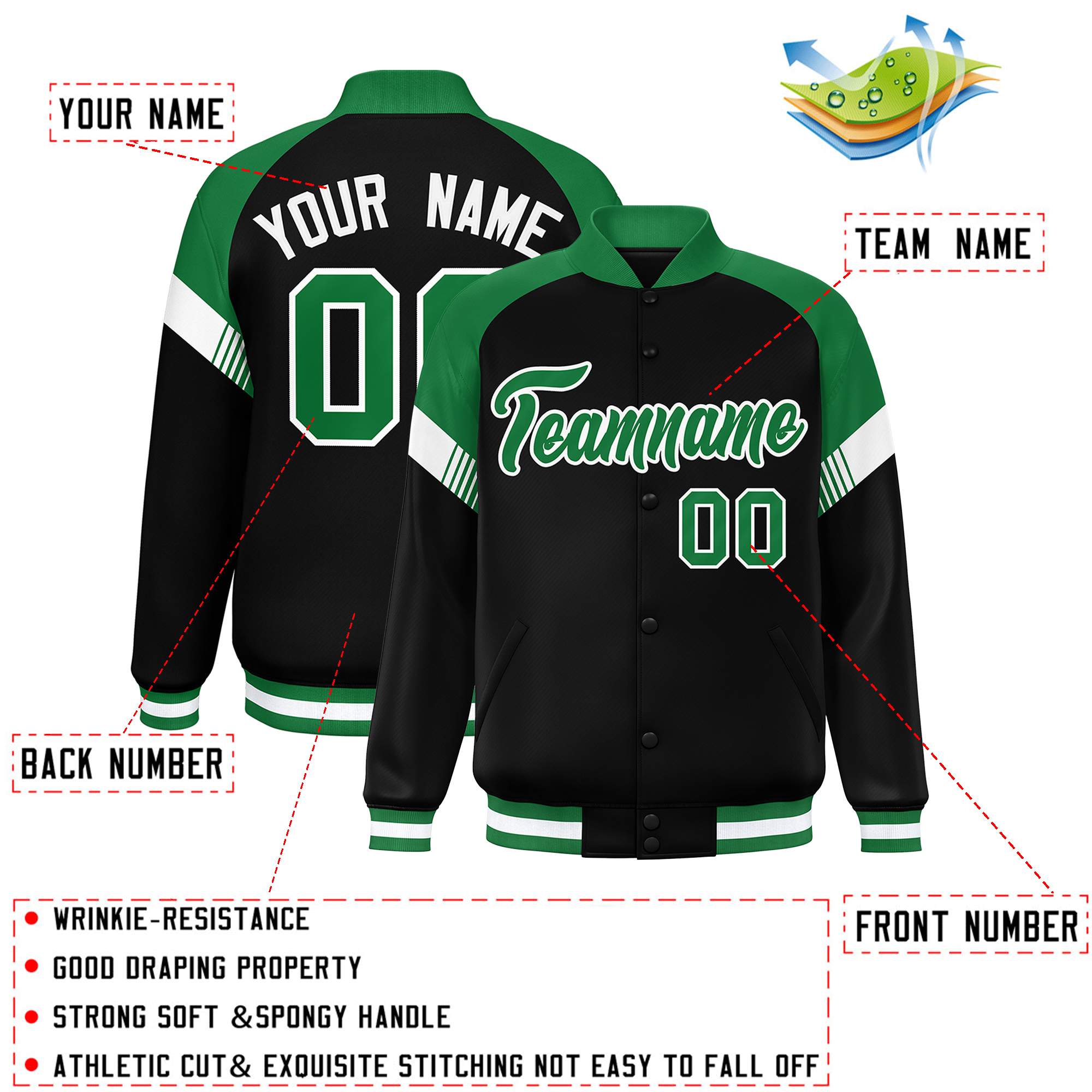 Custom Black Kelly Green-White Varsity Full-Snap Color Block Letterman Jacket