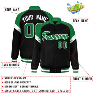 Custom Black Kelly Green-White Varsity Full-Snap Color Block Letterman Jacket