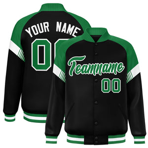 Custom Black Kelly Green-White Varsity Full-Snap Color Block Letterman Jacket