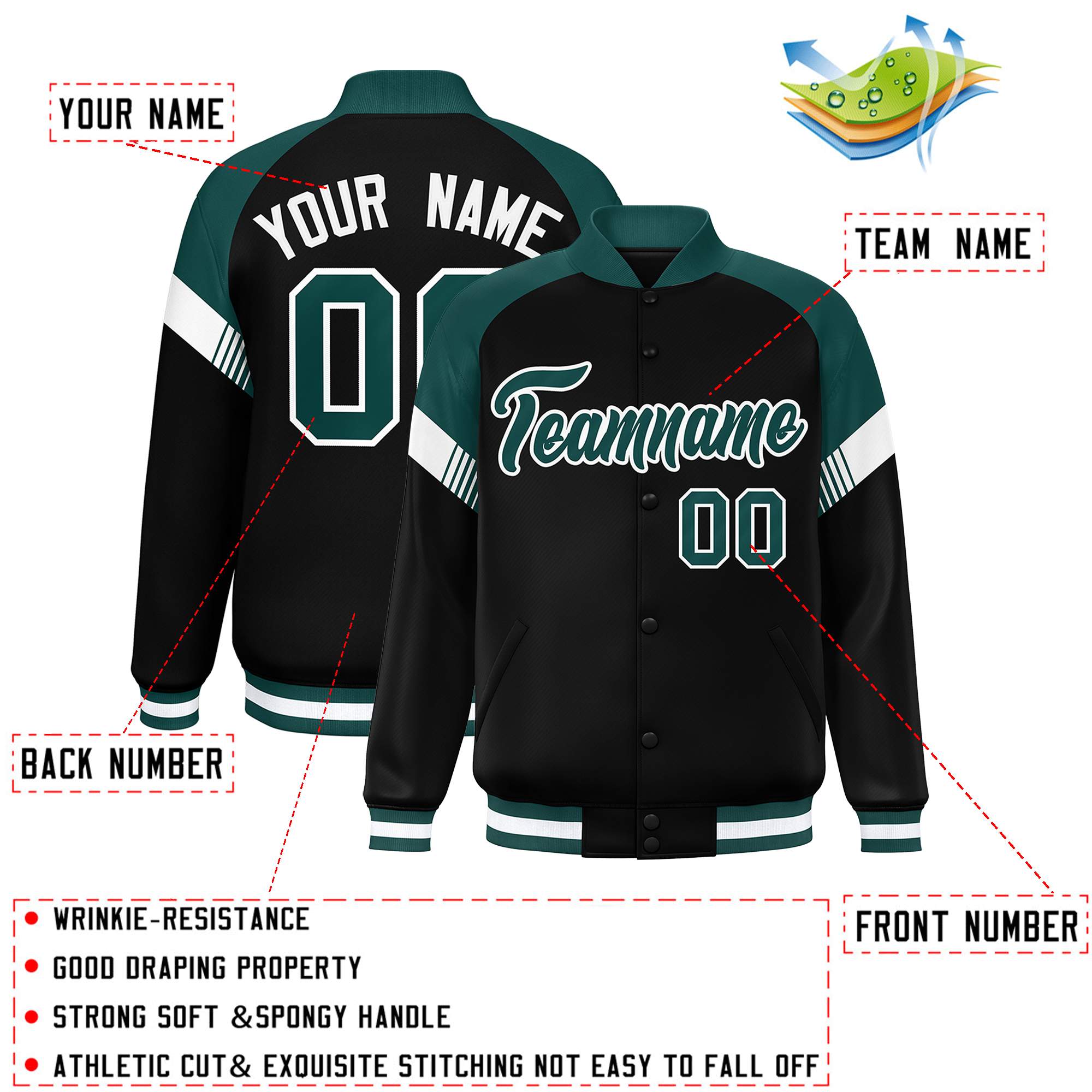 Custom Black Midnight Green-White Varsity Full-Snap Color Block Letterman Jacket