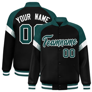 Custom Black Midnight Green-White Varsity Full-Snap Color Block Letterman Jacket