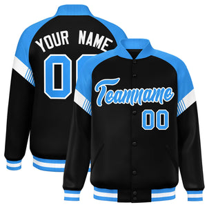 Custom Black Powder Blue-White Varsity Full-Snap Color Block Letterman Jacket