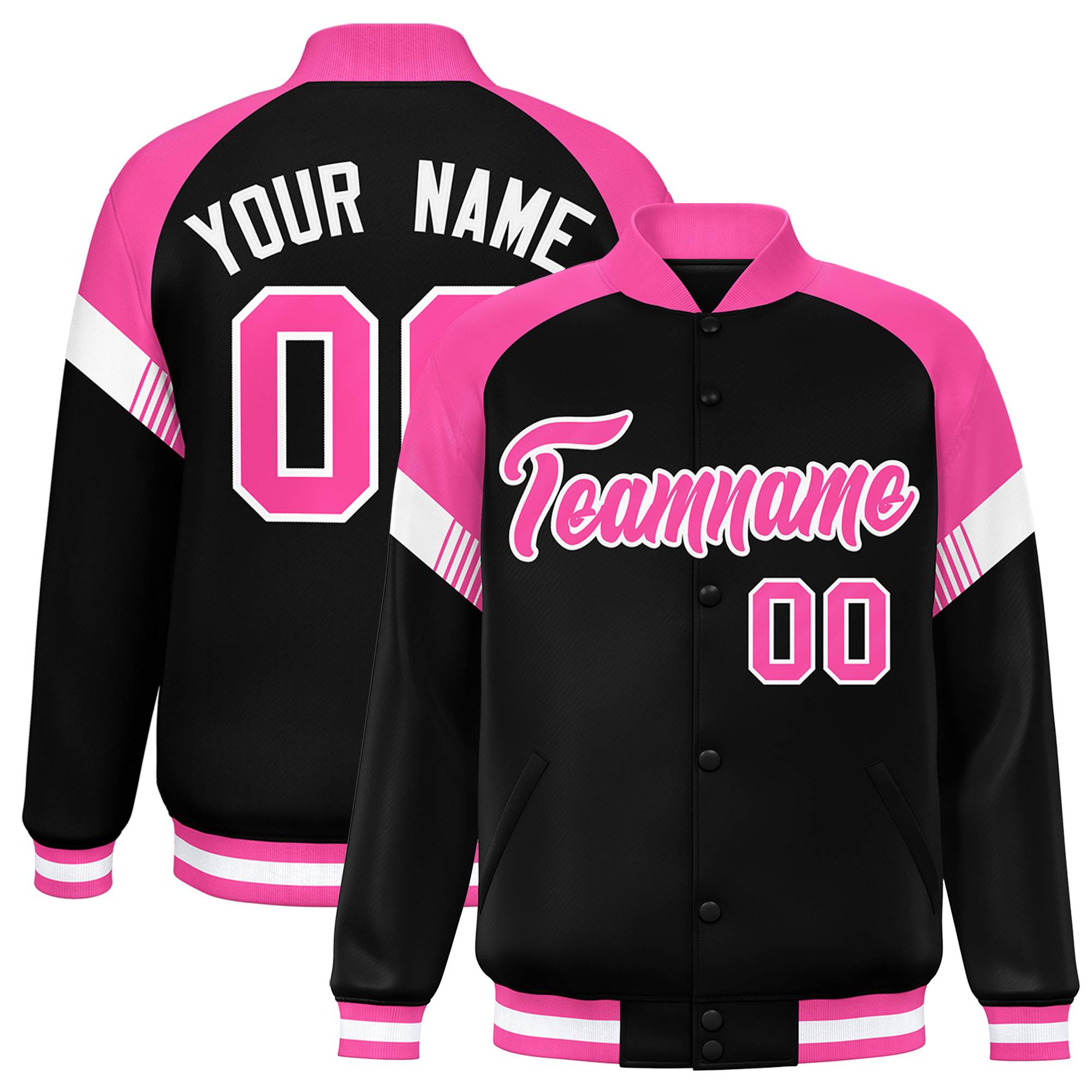 Custom Black Pink-White Varsity Full-Snap Color Block Letterman Jacket