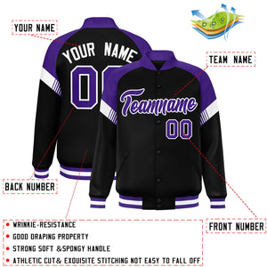 Custom Black Purple-White Varsity Full-Snap Color Block Letterman Jacket