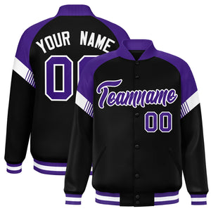 Custom Black Purple-White Varsity Full-Snap Color Block Letterman Jacket