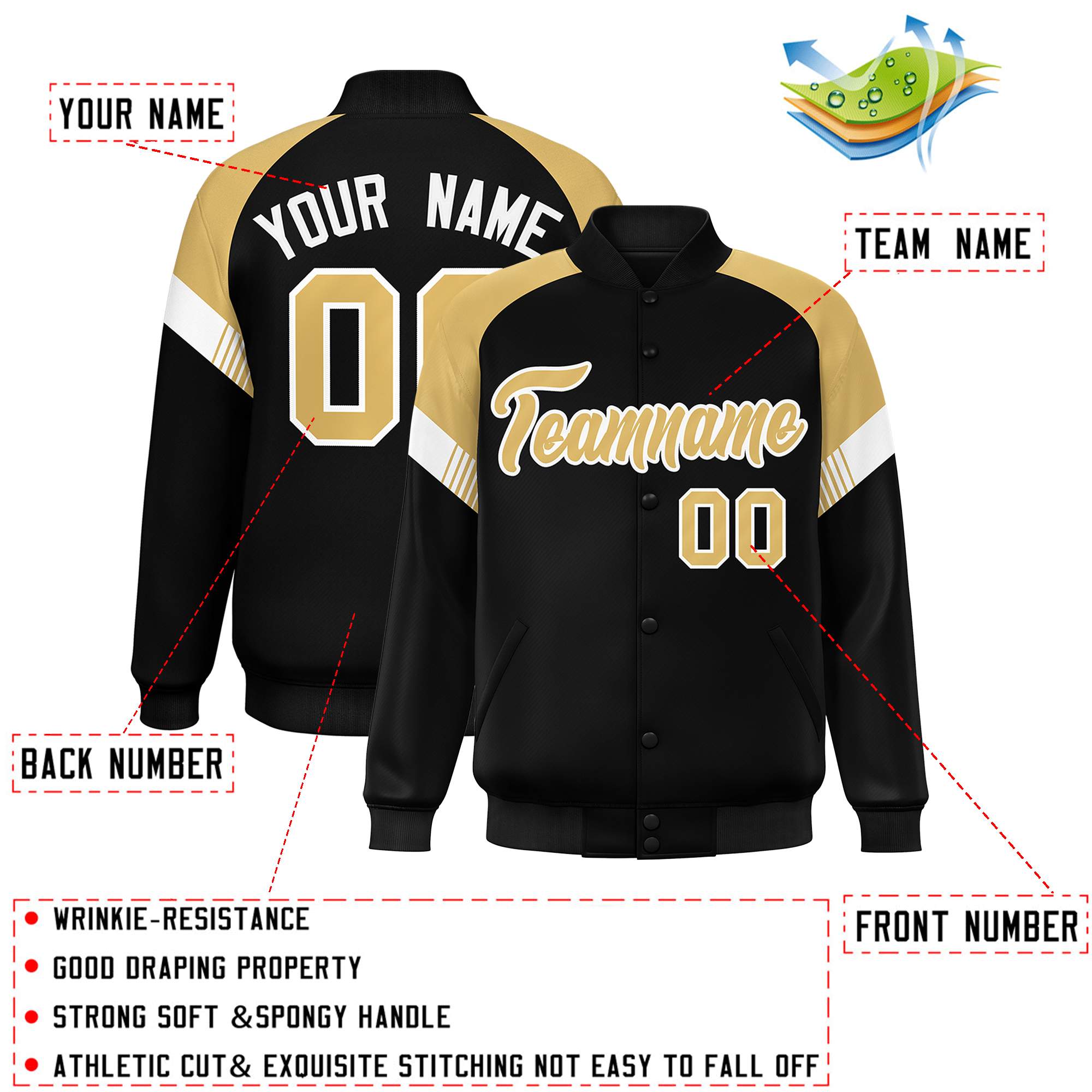 Custom Black Old Gold-White Varsity Full-Snap Color Block Letterman Jacket