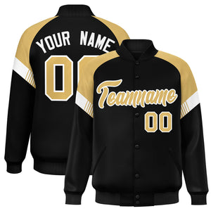 Custom Black Old Gold-White Varsity Full-Snap Color Block Letterman Jacket