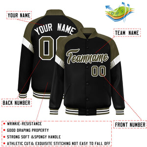 Custom Black Olive-White Varsity Full-Snap Color Block Letterman Jacket