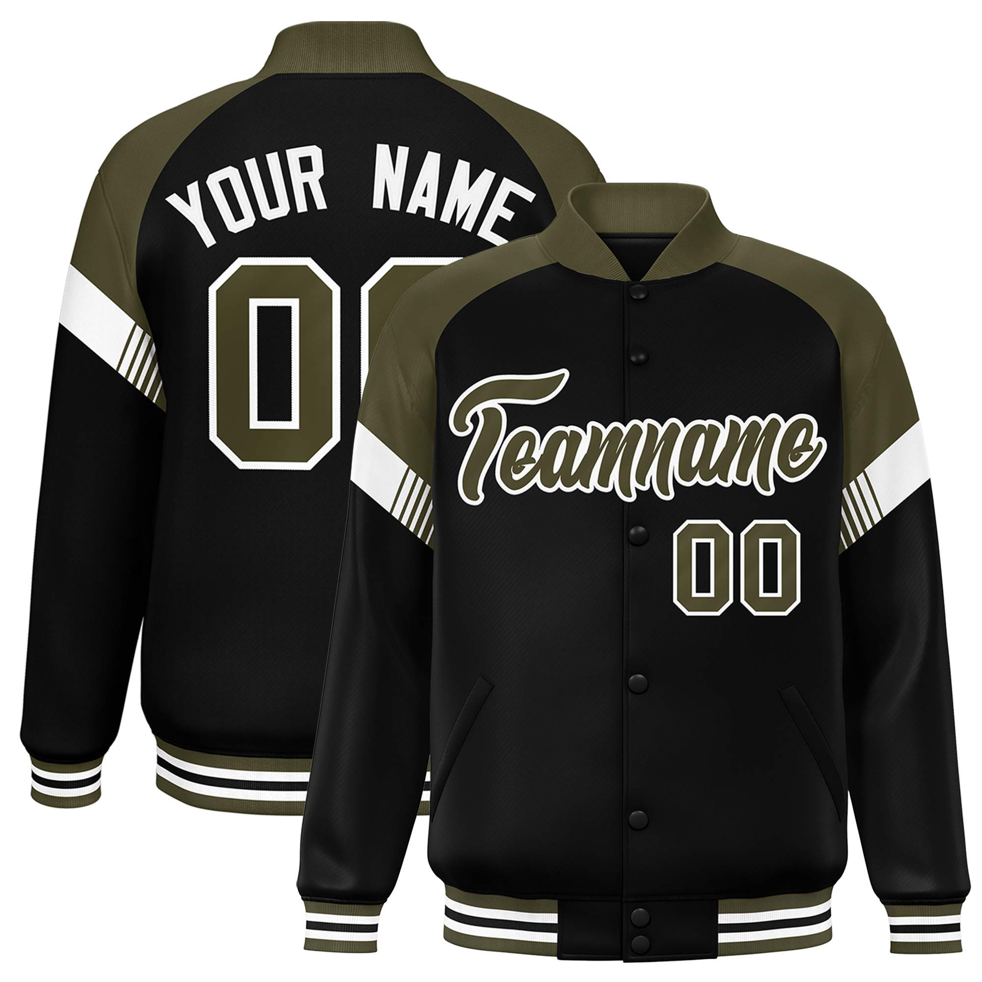 Custom Black Olive-White Varsity Full-Snap Color Block Letterman Jacket