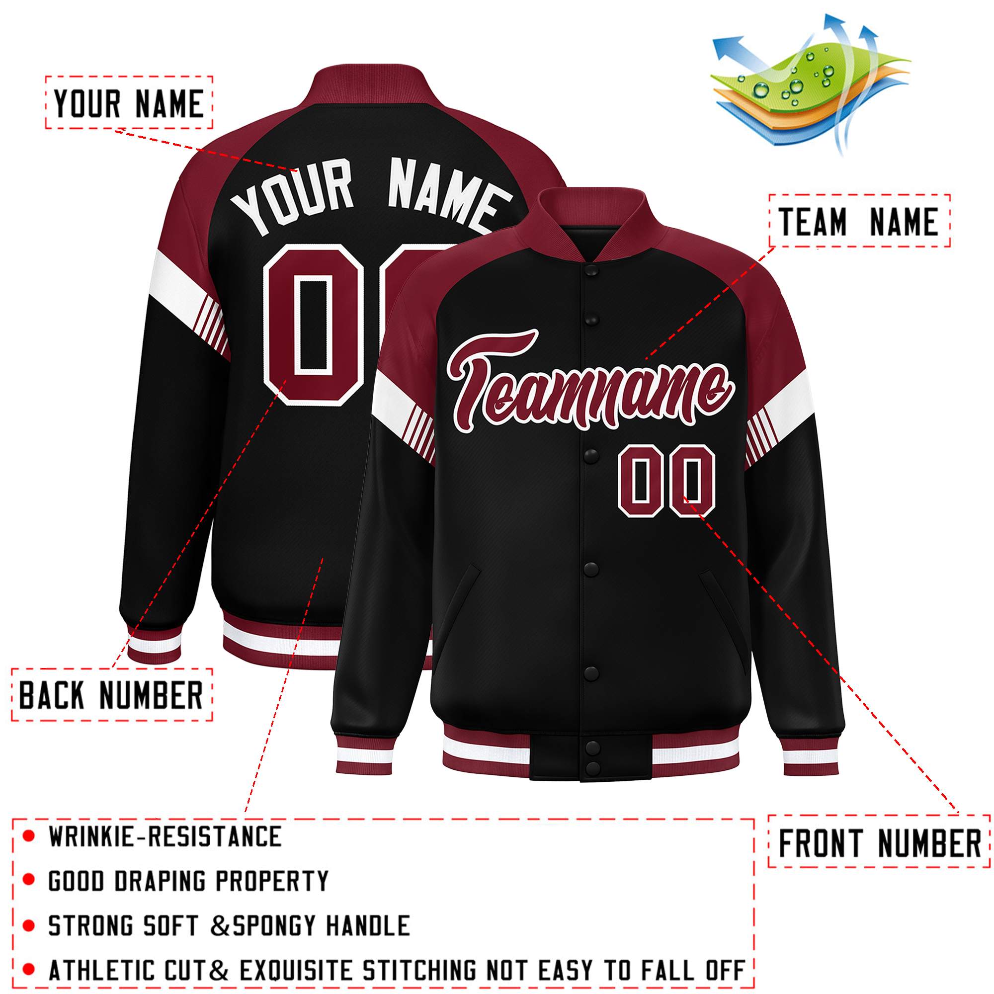 Custom Black Crimson-White Varsity Full-Snap Color Block Letterman Jacket