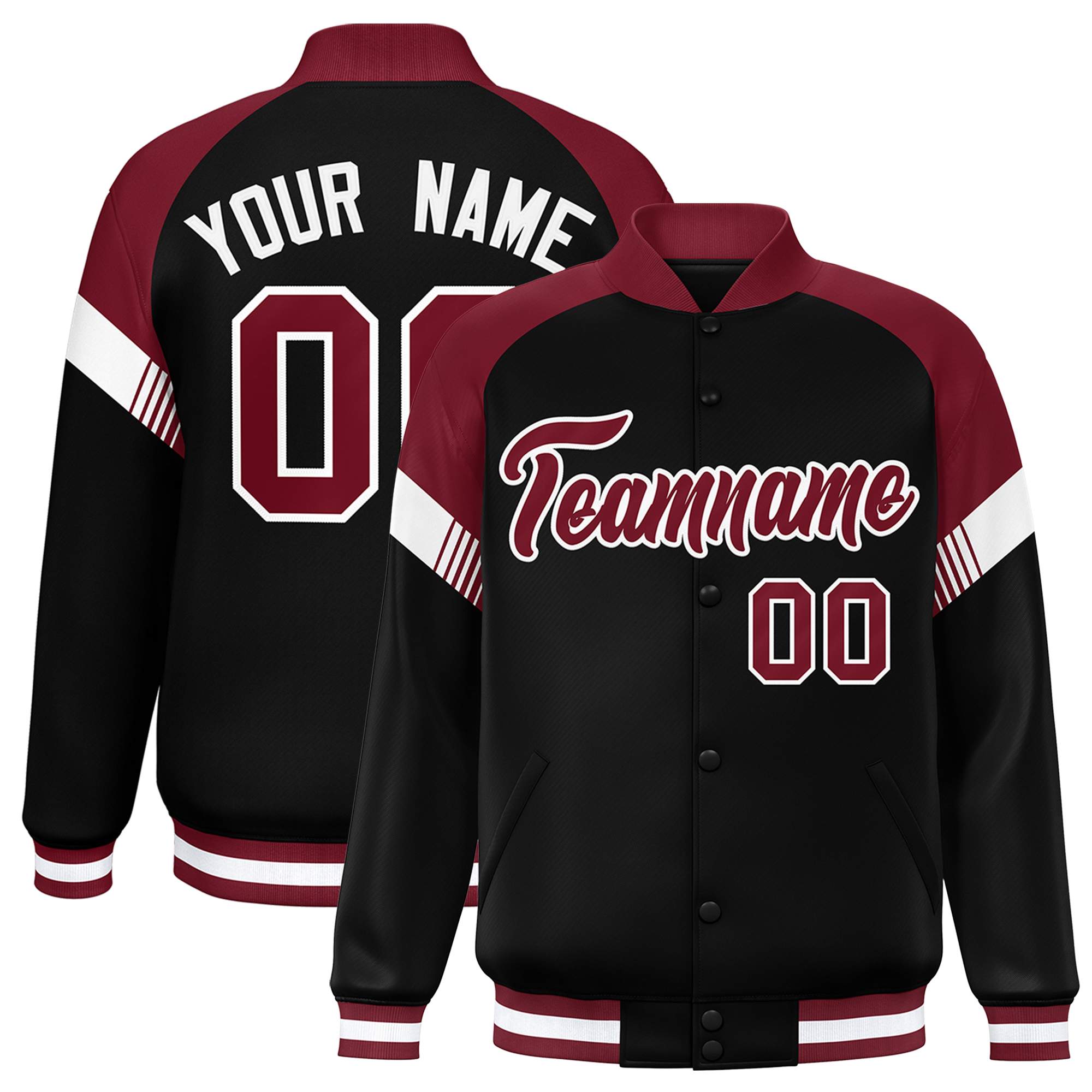 Custom Black Crimson-White Varsity Full-Snap Color Block Letterman Jacket